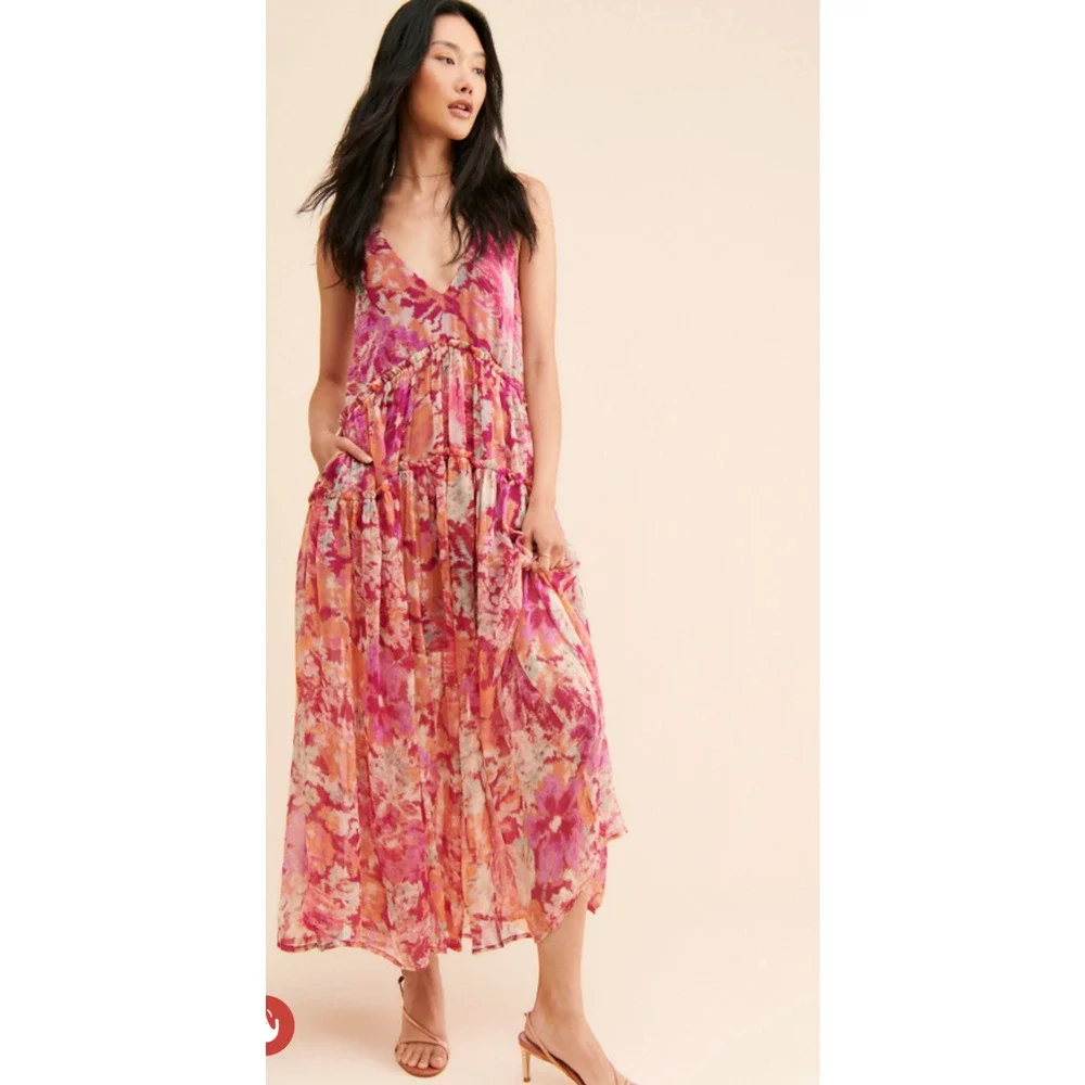 NEW FREE PEOPLE CHERRY RED PINK JULIANNA FLORAL MAXI DRESS SZ M